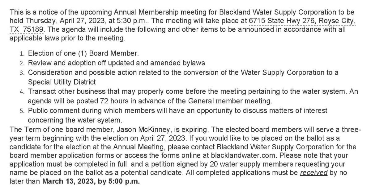  Blackland Notice of 2023 Annual Member Meeting